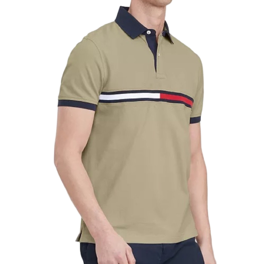 TOMMY HILFIGER Men's Olive Polo Shirt with Navy Accents wicking Large